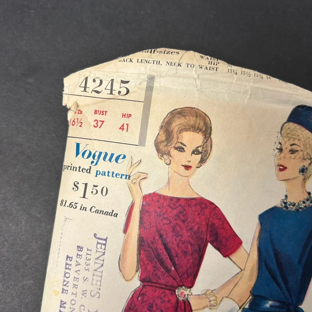 Vintage 60's Vogue 4245 Sewing Pattern Women 16.5 Dress Godet Bloused HTF RARE